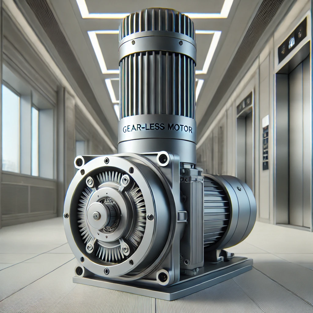 modern elevator system showcasing the Gear-Less Motor. The image should feature a compact, efficient, and sleek m